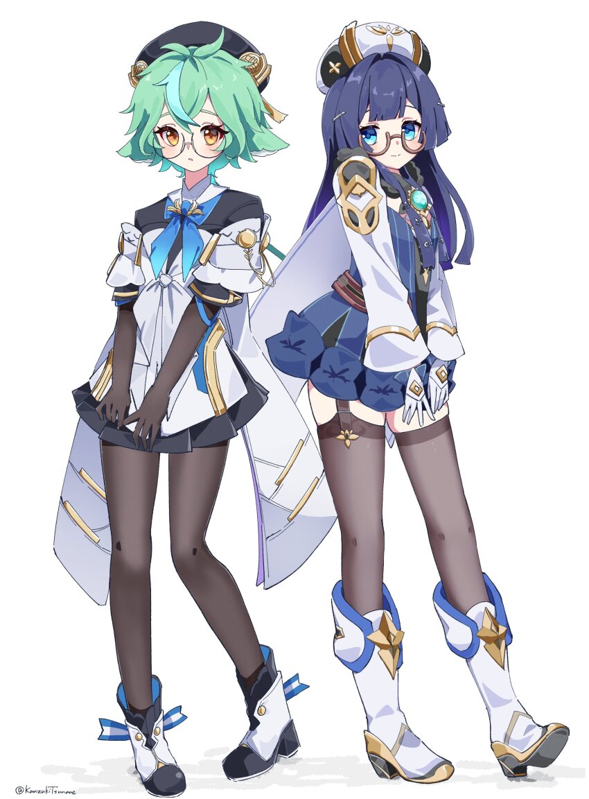 2girls, absurdres, black_garter_straps, black_gloves, black_hat, black_pantyhose, black_thighhighs, blue_dress, blue_hair, closed_mouth, commentary_request, cosplay, costume_switch, crossover, dress, elbow_gloves, full_body, garter_straps, genshin_impact, glasses, gloves, green_hair, hat, highres, honkai:_star_rail, honkai_(series), kanzuki_tsunane, long_hair, long_sleeves, looking_at_viewer, medium_hair, mihoyo, multiple_girls, pantyhose, pela_(honkai:_star_rail), pela_(honkai:_star_rail)_(cosplay), semi-rimless_eyewear, shoes, short_sleeves, smile, standing, sucrose_(genshin_impact), sucrose_(genshin_impact)_(cosplay), thighhighs, twitter_username, very_long_hair, white_dress, white_gloves, white_hat, white_shoes, white_sleeves, yellow_eyes, zettai_ryouiki