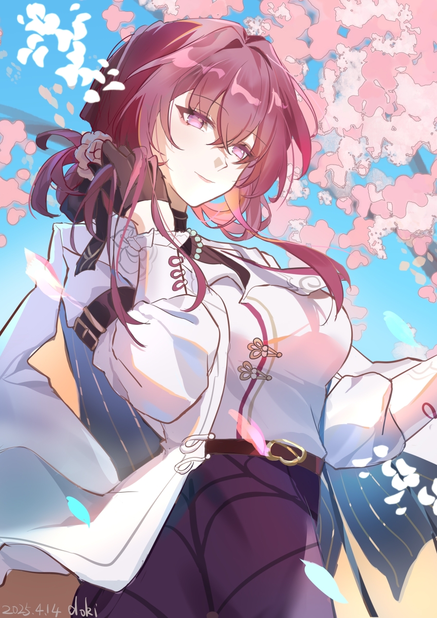1girl, absurdres, artist_name, belt, black_gloves, breasts, cherry_blossoms, closed_mouth