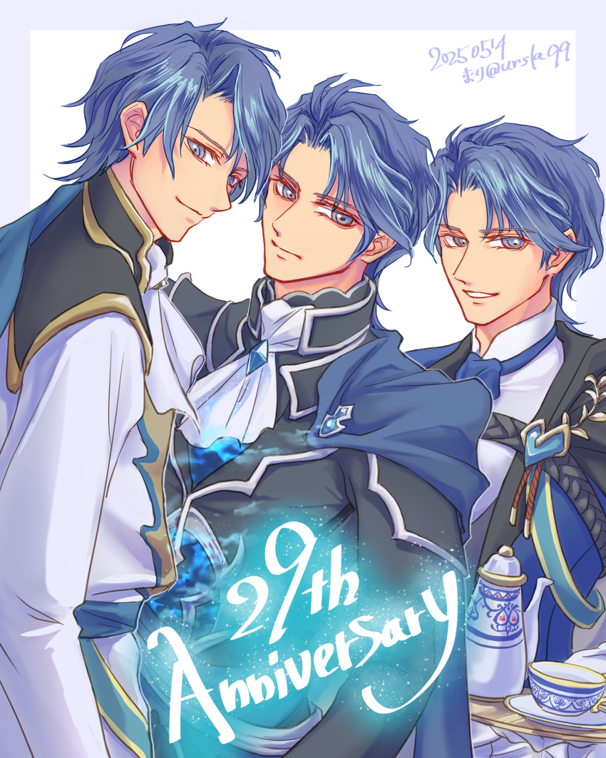 3boys, anniversary, ascot, belt, black_coat, blue_belt, blue_cape, blue_eyes