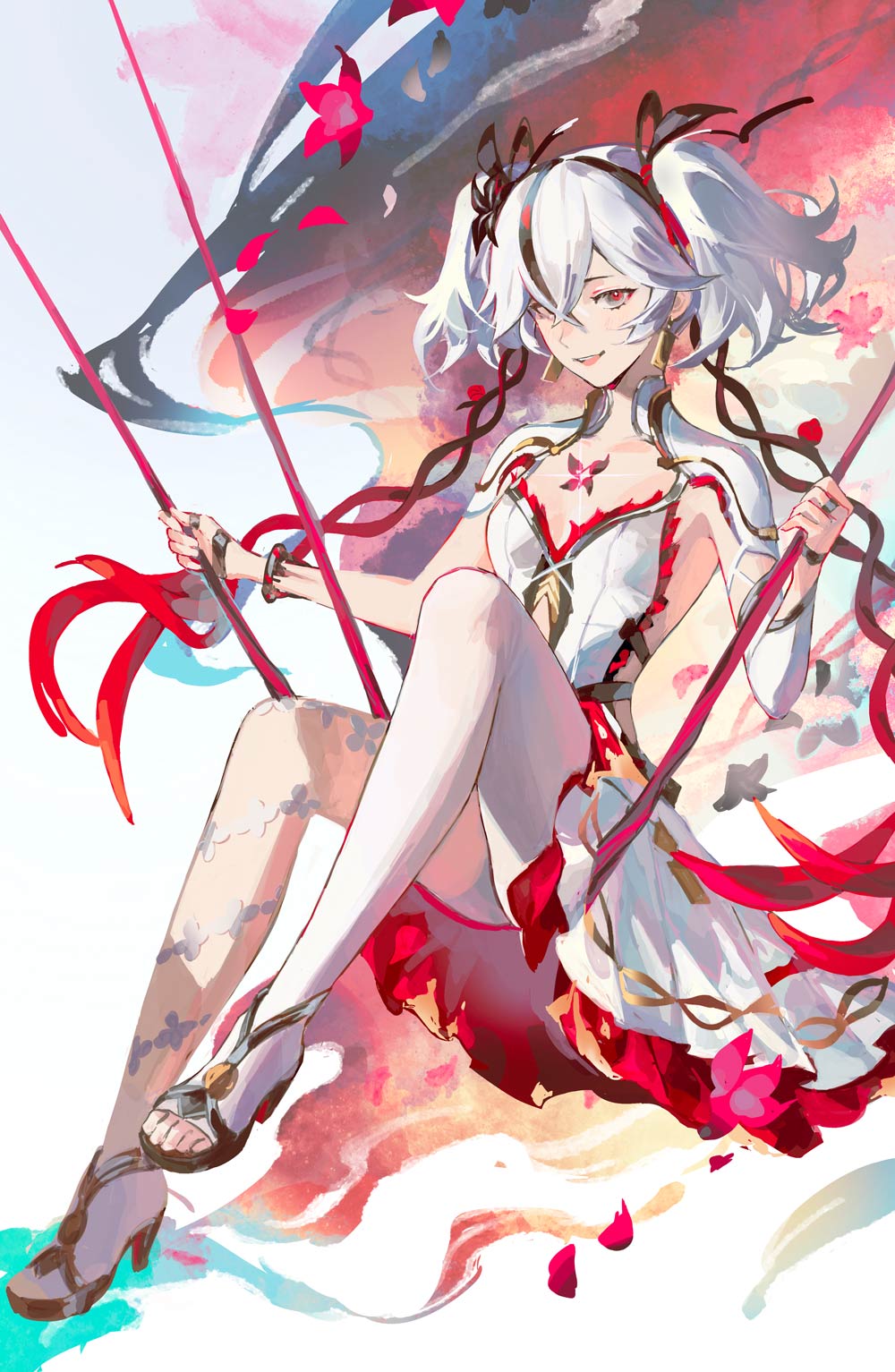 1girl, asymmetrical_sleeves, black_flower, black_hair, black_ribbon, black_shoes, blake_bloom_(wuthering_waves), camellya_(wuthering_waves), commentary, crossed_bangs, dress, duetrofl, earrings, english_commentary, flower, flower_on_chest, full_body, gold_earrings, grey_eyes, hair_between_eyes, hair_flower, hair_ornament, hair_ribbon, high_heels, highres, jewelry, long_sleeves, looking_at_viewer, multicolored_hair, pantyhose, parted_lips, petals, red_flower, red_petals, red_pupils, ribbon, shoes, short_twintails, sideless_dress, single_leg_pantyhose, sitting, smile, solo, streaked_hair, teeth, toeless_legwear, toes, twintails, uneven_sleeves, upper_teeth_only, white_dress, white_hair, white_pantyhose, wuthering_waves