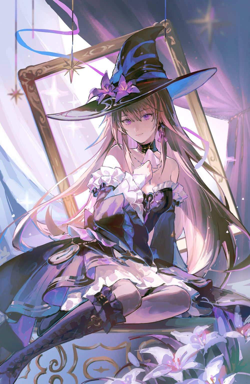 1girl, ascot, bare_shoulders, black_boots, black_collar, black_dress, black_hat, black_sleeves