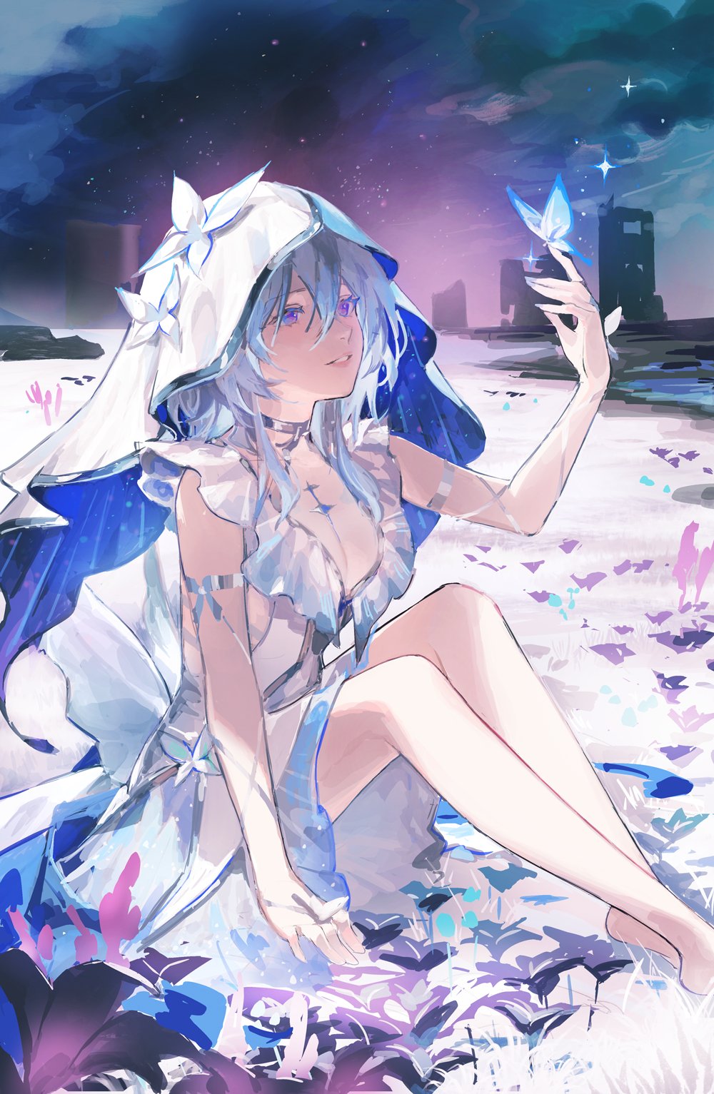 1girl, arm_support, arm_up, armlet, bare_legs, blue_butterfly, blue_hair, blue_nails