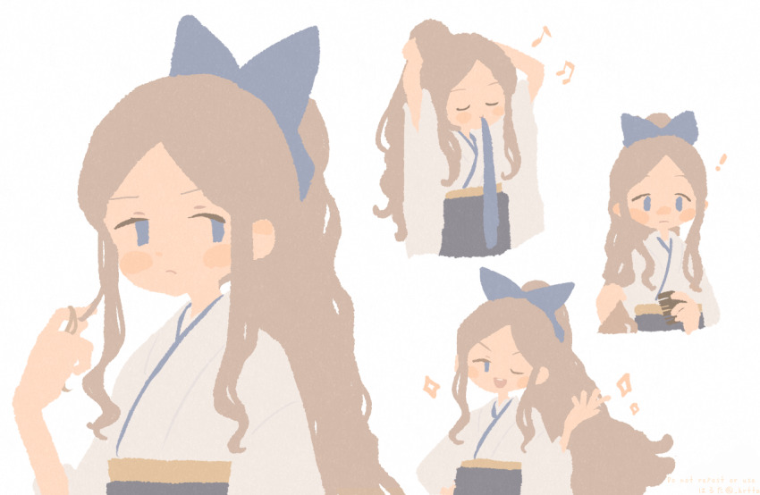 !, 1girl, alternate_hairstyle, asakaze_(kancolle), blue_bow, blue_eyes, bow, brown_hair