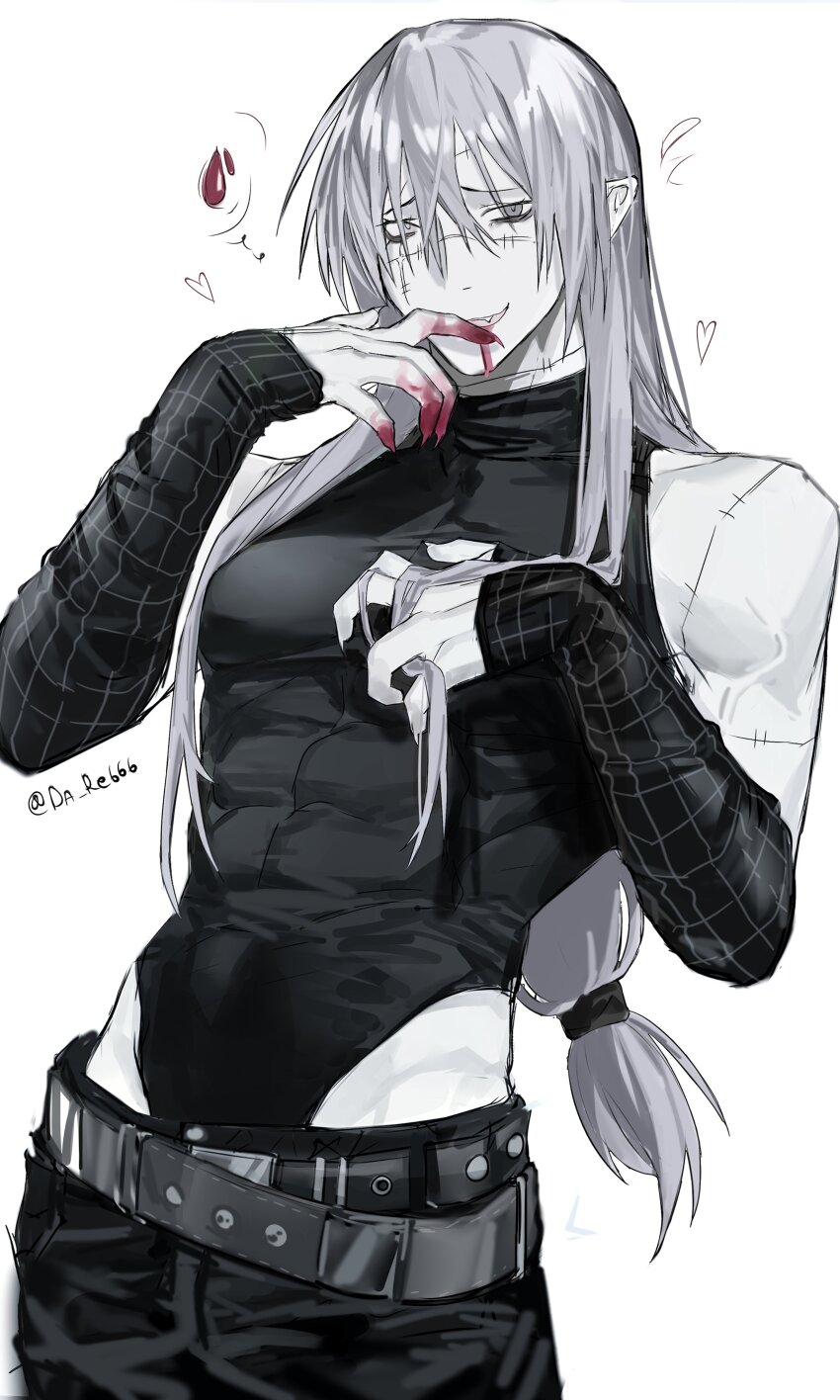 1boy, abs, absurdres, artist_name, belt, black_pants, blood, blood_on_hands, da_re666, detached_sleeves, grey_eyes, grey_hair, greyscale, hair_between_eyes, hand_in_own_hair, highres, jujutsu_kaisen, leotard, leotard_under_clothes, long_hair, looking_at_viewer, mahito_(jujutsu_kaisen), male_focus, mature_male, monochrome, pale_skin, pants, pectorals, pointy_ears, scar, scar_on_face, simple_background, solo, stitched_arm, stitched_face, stitches, teeth, vampire, white_background