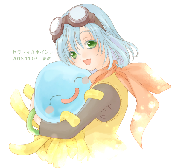 1boy, 1girl, 2018, :d, black_shirt, blue_hair, blush_stickers, bracelet