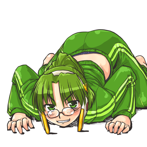 1girl, all_fours, barefoot, crawling, dd_(ijigendd), female_focus, glasses, green_eyes