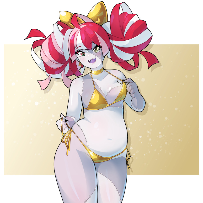 1girl, bare_shoulders, bikini, black_nails, bow, breasts, colored_skin, diamond-shaped_pupils