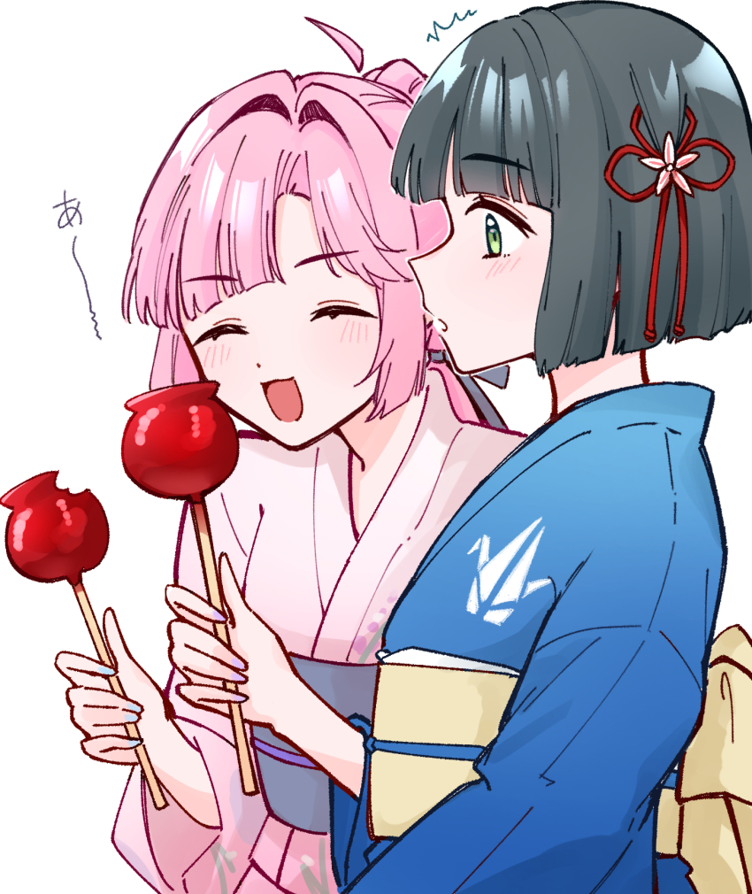 2girls, ^^^, ^_^, ahoge, anyoji_hime, anyoji_hime_(hokkoku_hanabi), blue_kimono, blue_nails