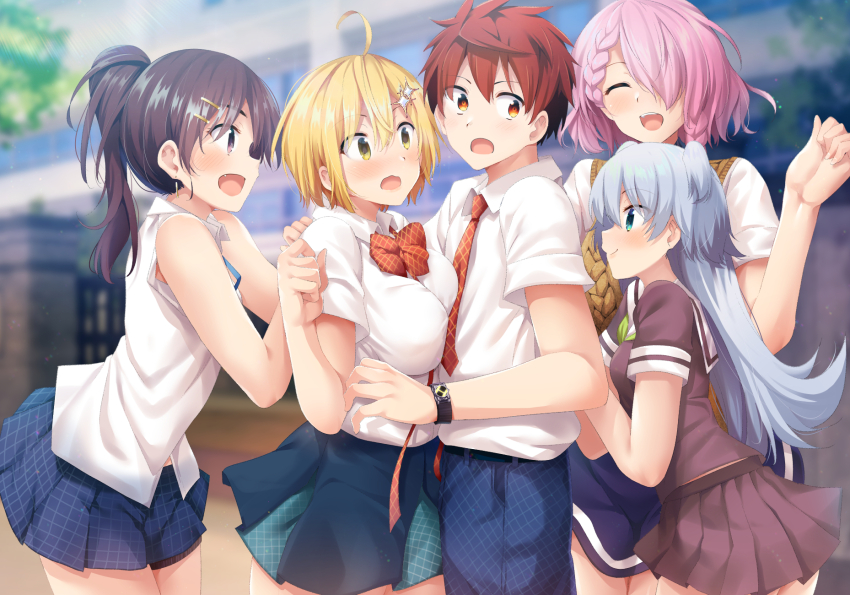 1boy, 4girls, ahoge, aqua_eyes, bare_arms, bare_shoulders, black_eyes, black_hair