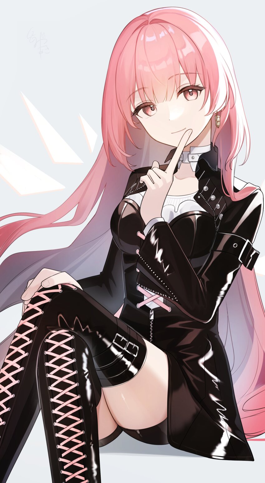 1girl, absurdres, arknights, black_boots, black_dress, black_jacket, black_shorts, boots