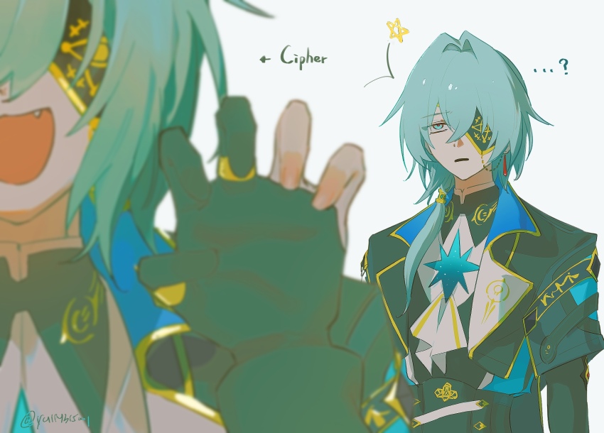 2boys, anaxa_(honkai:_star_rail), anaxa_(honkai:_star_rail)_(cosplay), aqua_eyes, cat_boy, character_name, cipher_(honkai:_star_rail), confused