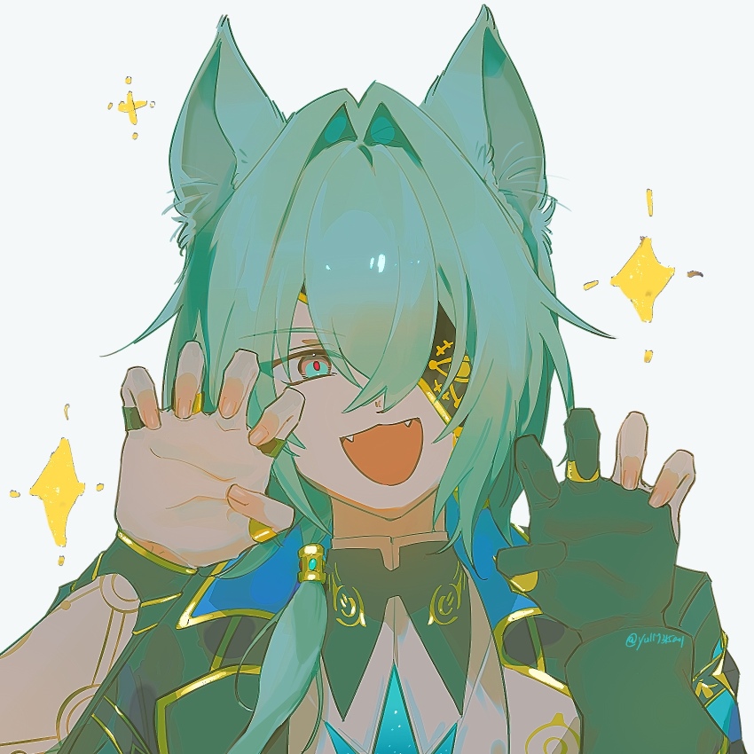 1boy, anaxa_(honkai:_star_rail), anaxa_(honkai:_star_rail)_(cosplay), animal_ears, aqua_eyes, cat_boy, cat_ears, cipher_(honkai:_star_rail)