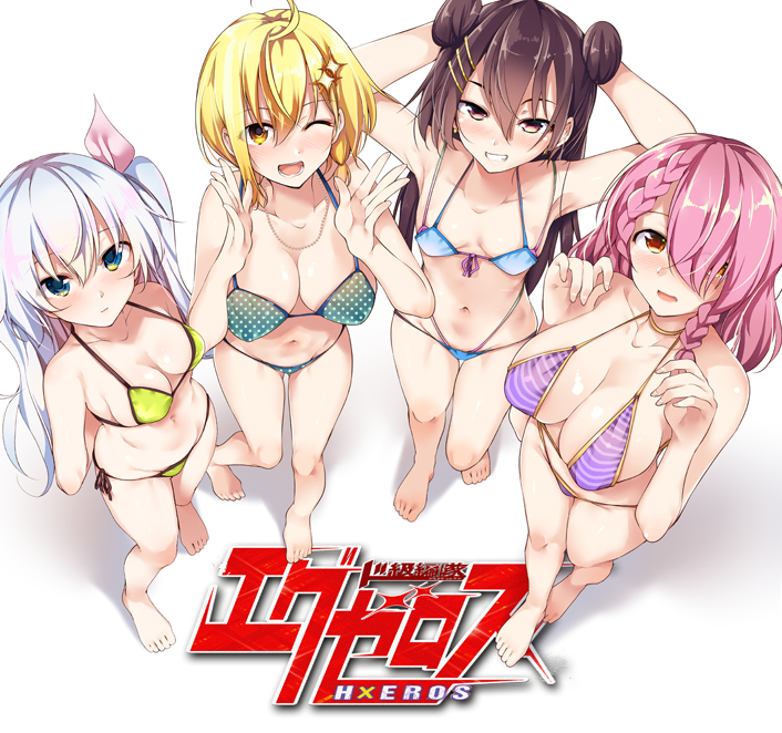 4girls, :3, :d, ;d, ahoge, armpits, arms_behind_back, arms_behind_head