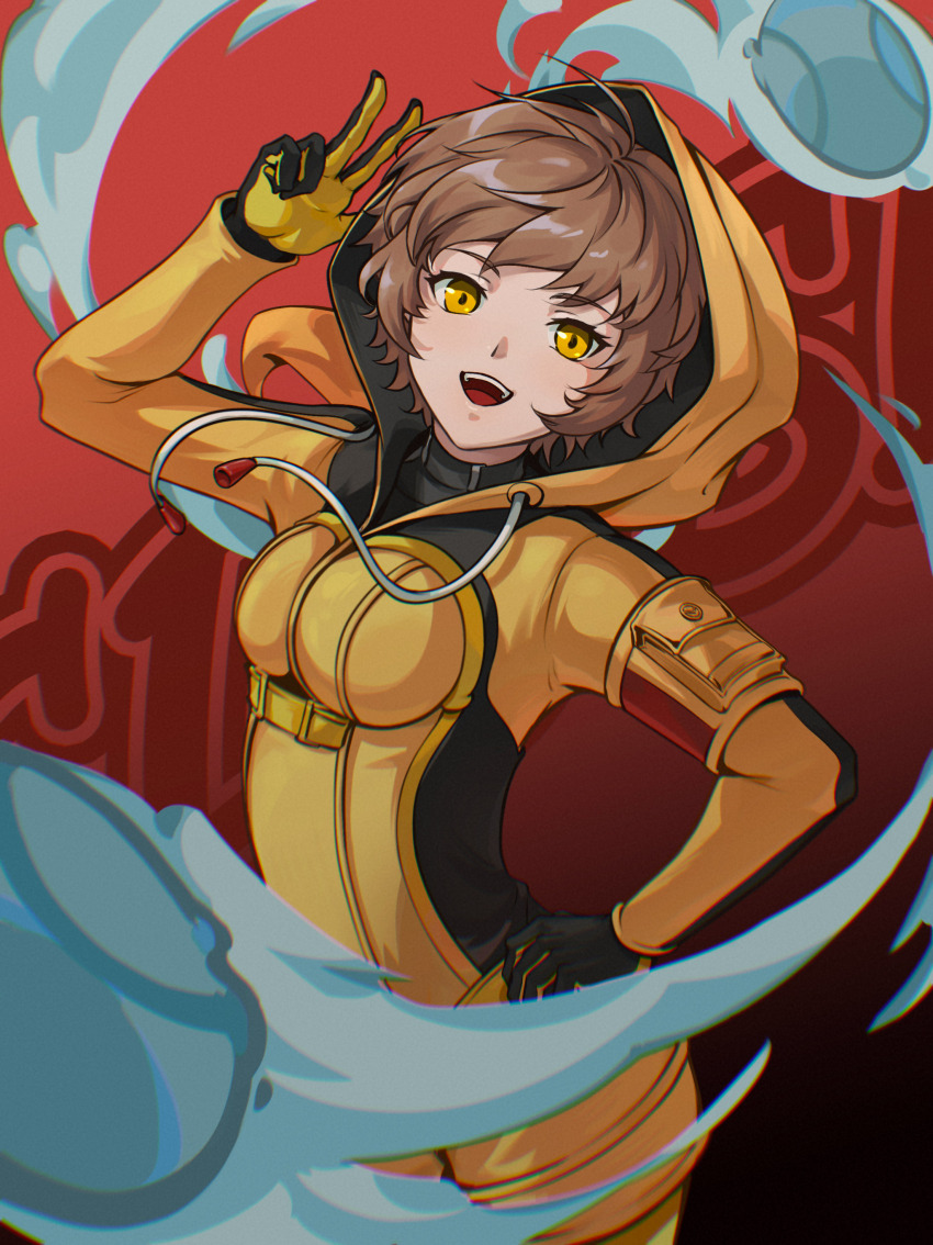 1girl, :d, absurdres, alternate_eye_color, arai_motoha, arm_up, ball, baseball_(object), black_gloves, bodysuit, breasts, brown_eyes, brown_hair, closer_(p5x), commentary, cowboy_shot, drawstring, gloves, hand_on_own_hip, highres, hood, hood_up, hooded_bodysuit, leggings, looking_at_viewer, medium_breasts, open_mouth, persona, persona_5, persona_5:_the_phantom_x, red_background, short_hair, sidelocks, smile, solo, standing, tomboy, two-tone_gloves, v, yato_(alphonse59), yellow_bodysuit, yellow_gloves, yellow_leggings