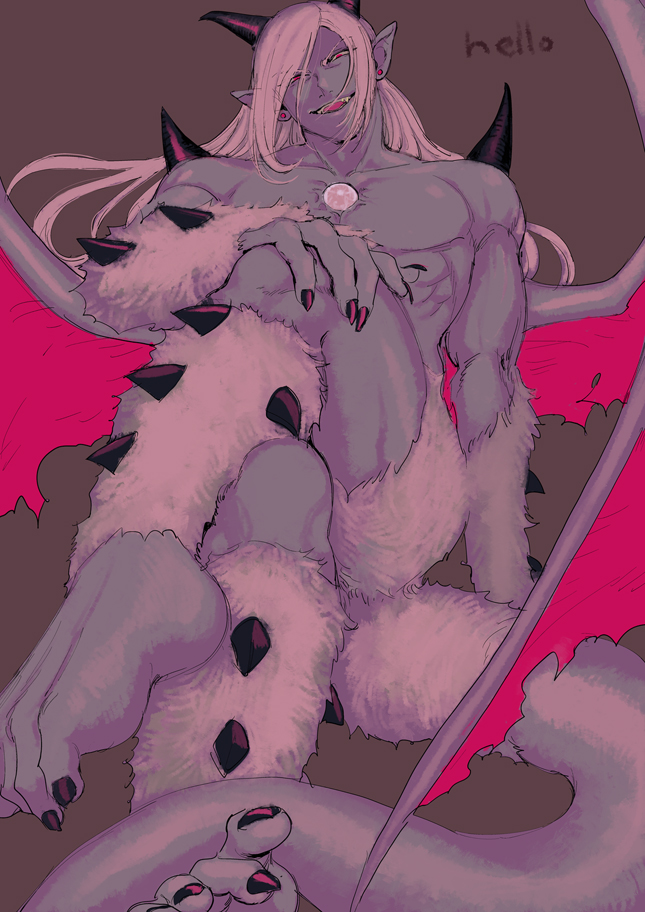 1boy, barefoot, black_horns, black_nails, brown_background, chest_jewel, colored_skin, commentary_request