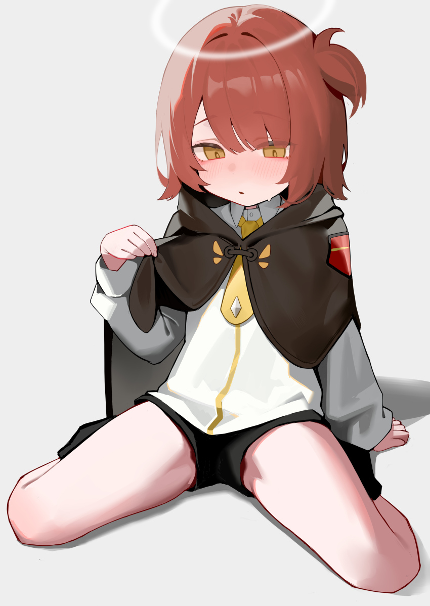 1girl, absurdres, aged_down, arknights, black_capelet, black_shorts, blush, capelet, chinese_commentary, commentary_request, exusiai_(arknights), exusiai_(young)_(arknights), hei_tudou, highres, long_sleeves, medium_hair, one_side_up, parted_lips, red_hair, shirt, short_shorts, shorts, solo, variant_set, white_shirt, yellow_eyes