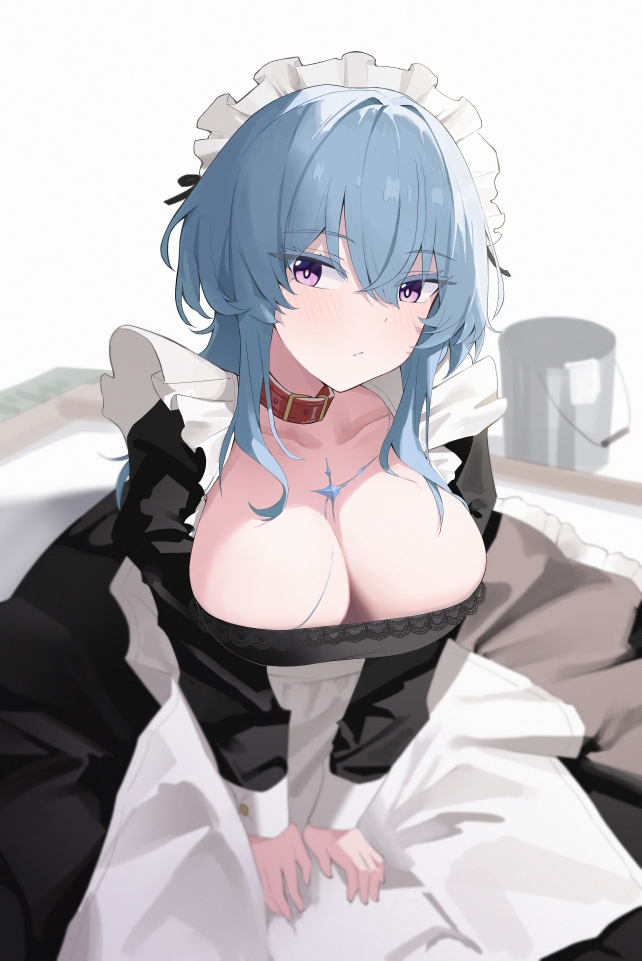 1girl, alternate_costume, belt_collar, black_dress, blue_hair, breasts, bucket, closed_mouth