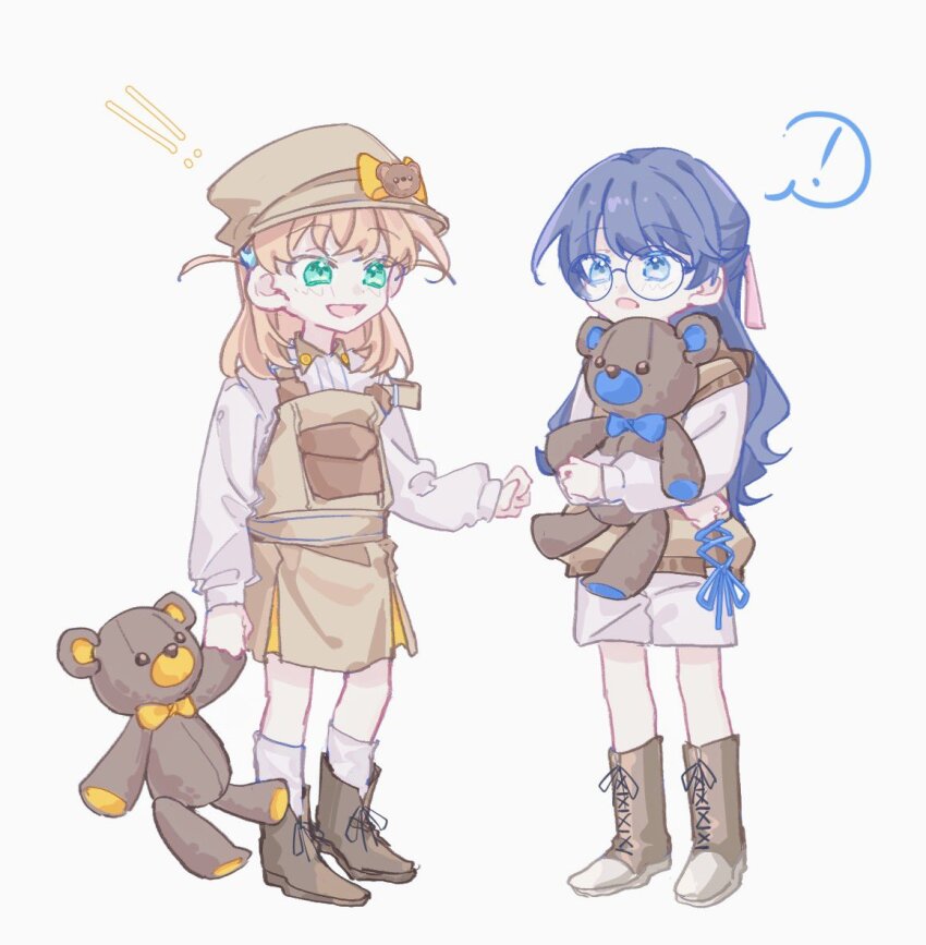 !, !!, 2girls, :d, :o, blue_eyes, blue_hair, blush, boots, brown_boots, brown_hat, brown_overalls, collared_shirt, colored_speech_bubble, commentary, contrast_collar, full_body, glasses, green_eyes, hair_ornament, hair_ribbon, half_updo, hat, hinoshita_kaho, hinoshita_kaho_(chara_dolce), holding, holding_stuffed_toy, hoshiji, hugging_doll, hugging_object, lace-up_boots, link!_like!_love_live!, long_hair, long_sleeves, love_live!, medium_hair, multiple_girls, murano_sayaka, murano_sayaka_(chara_dolce), official_alternate_costume, open_mouth, orange_hair, overall_skirt, overalls, pink_ribbon, pleated_skirt, rabbit_hair_ornament, ribbon, round_eyewear, shirt, shorts, skirt, smile, socks, speech_bubble, spoken_exclamation_mark, standing, stuffed_animal, stuffed_toy, untranslatable_commentary, teddy_bear, virtual_youtuber, white_shirt, white_shorts, white_socks
