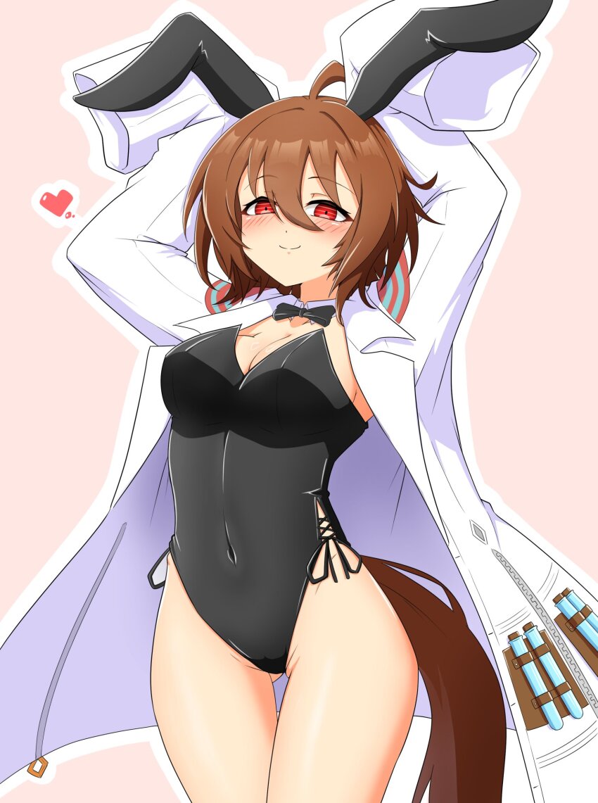 1girl, agnes_tachyon_(tach-nology)_(umamusume), agnes_tachyon_(umamusume), ahoge, animal_ear_hairband, animal_ears, azusa_(azusa0325), black_bow, black_bowtie, black_leotard, bow, bowtie, breasts, brown_hair, coat, cowboy_shot, detached_collar, fake_animal_ears, hairband, highres, horse_tail, lab_coat, leotard, medium_breasts, pink_background, playboy_bunny, rabbit_ears, red_eyes, short_hair, side-tie_leotard, simple_background, sleeves_past_fingers, sleeves_past_wrists, smile, solo, strapless, strapless_leotard, tail, test_tube, umamusume, white_coat