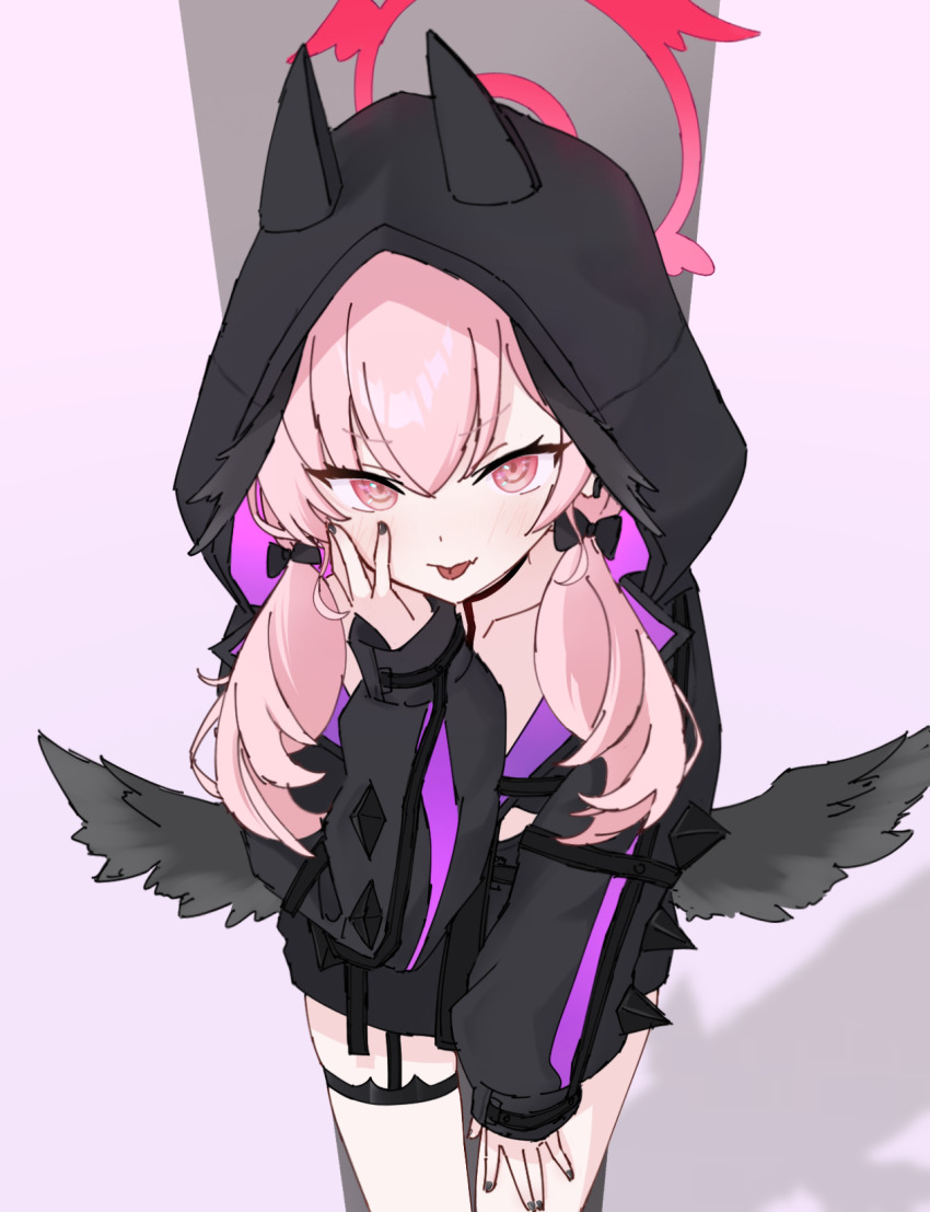 1girl, black_bow, black_hoodie, black_nails, black_wings, blue_archive, bow, closed_mouth