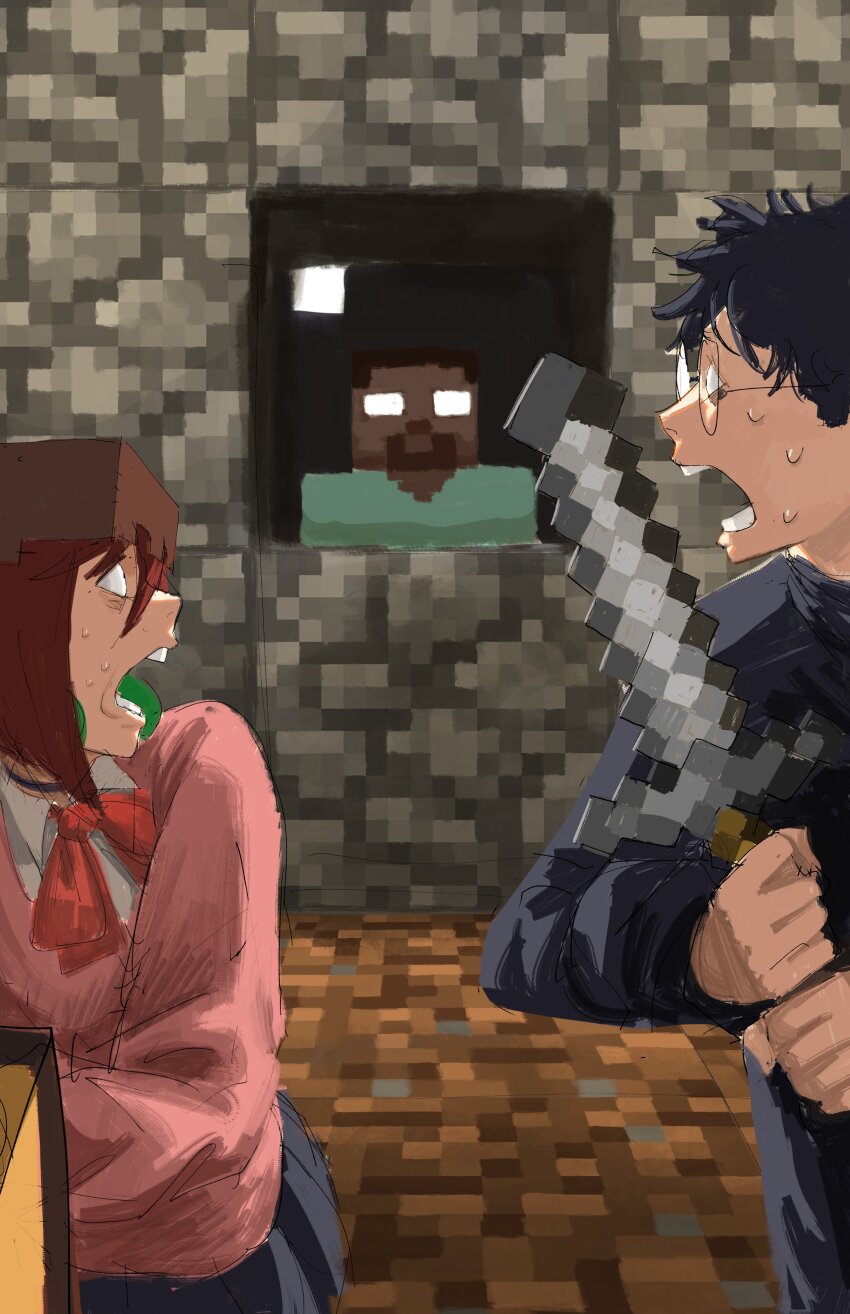 1girl, 2boys, absurdres, ayase_momo, black_choker, black_jacket, blank_eyes, block_(minecraft), bow, bowtie, brown_hair, choker, cobblestone, commentary, crossover, dandadan, earrings, english_commentary, gakuran, glowing, glowing_eyes, herobrine, highres, holding, holding_sword, holding_weapon, indoors, jacket, jewelry, long_sleeves, looking_at_another, looking_back, minecraft, minecraft_sword, multiple_boys, pendant_earrings, pink_sweater, red_bow, red_bowtie, scared, school_uniform, short_hair, sweatdrop, sweater, sword, takakura_ken_(dandadan), titann, weapon, wide-eyed