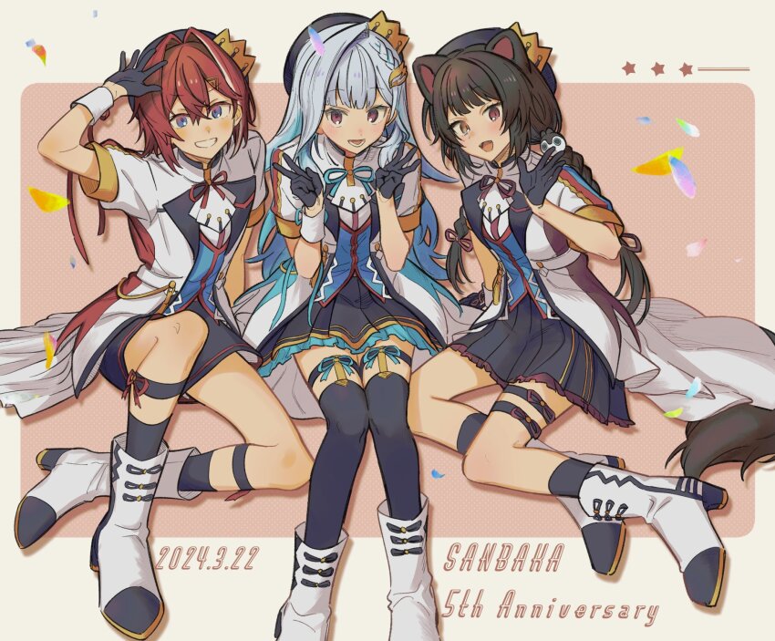 3girls, agemono_ume, ange_katrina, animal_ears, animal_hair_ornament, ankle_boots, anniversary, arm_support, arm_up, beret, blue_eyes, blue_gloves, blue_hair, blue_hat, blue_petals, blue_ribbon, blue_shorts, blue_skirt, blue_socks, blue_thighhighs, blue_vest, boots, border, braid, brown_hair, brown_tail, commentary_request, crown_hat_ornament, dated, dog_ears, dog_girl, dog_tail, double_v, drop_shadow, falling_petals, fangs, frilled_skirt, frills, gloves, green_petals, grey_border, group_name, hair_behind_ear, hair_between_eyes, hair_intakes, hair_ornament, hair_ribbon, half_gloves, hands_up, hat, heterochromia, high_heel_boots, high_heels, highres, inui_toko, jacket, knee_up, knees_together_feet_apart, lapels, leg_ribbon, legwear_garter, lize_helesta, long_hair, looking_at_viewer, low_twin_braids, miniskirt, multicolored_hair, multiple_girls, neck_ribbon, nijisanji, orange_petals, outside_border, petals, pink_background, pleated_skirt, purple_eyes, purple_ribbon, red_eyes, red_hair, red_ribbon, ribbon, sanbaka_(nijisanji), sanbaka_anniversary_outfit, short_hair, short_sleeves, shorts, side_braid, single_hair_intake, sitting, skirt, socks, spread_fingers, star_(symbol), streaked_hair, tail, tail_under_clothes, thigh_strap, thighhighs, twin_braids, two-tone_hair, v, very_long_hair, vest, virtual_youtuber, white_boots, white_hair, white_jacket, white_wrist_cuffs, wrist_cuffs, wrist_ribbon, yellow_eyes, zettai_ryouiki