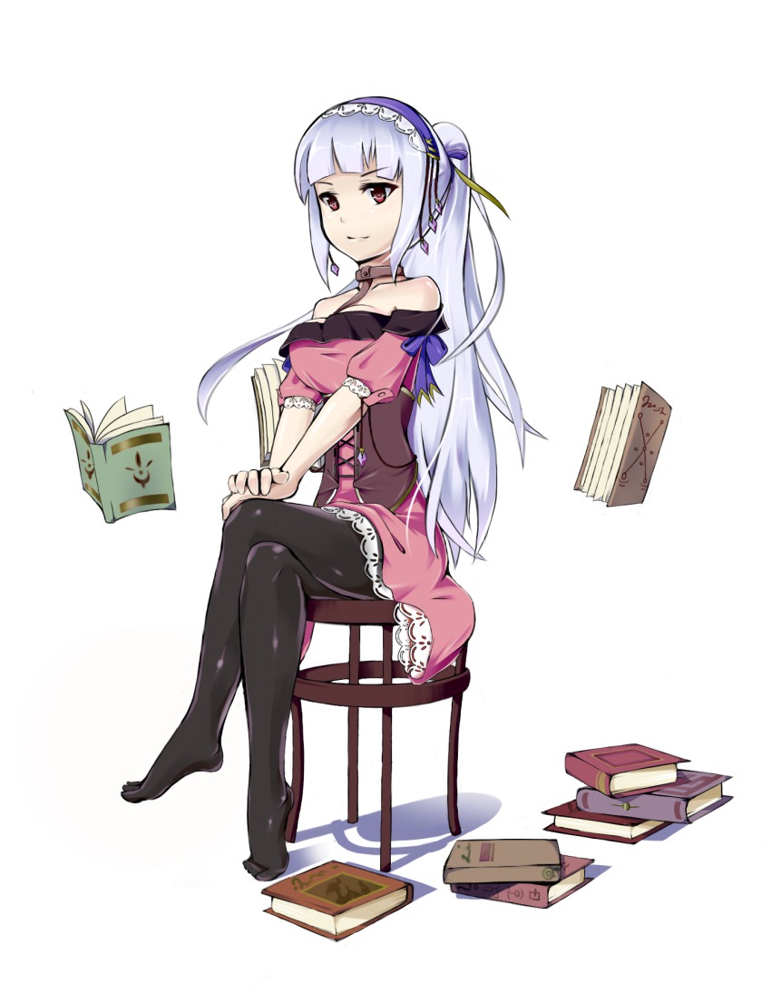 1girl, bare_shoulders, book, chair, crossed_legs, feet, female_focus, hairband, highres, meganu, original, pantyhose, ponytail, red_eyes, silver_hair, simple_background, sitting, solo
