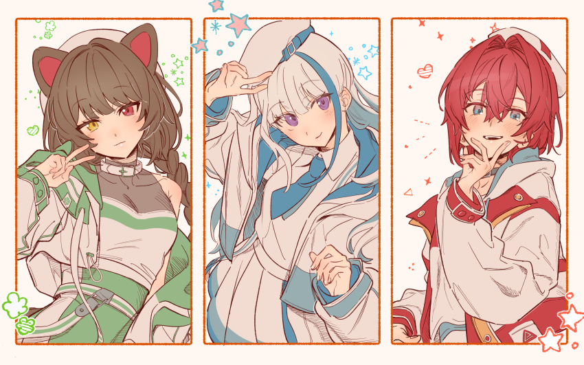 3girls, agemono_ume, ange_katrina, animal_ears, arm_up, belt, beret, blue_eyes