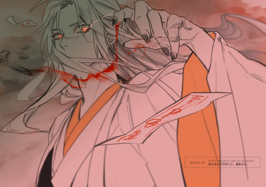 1boy, bishounen, black_nails, bleeding, blood, blood_on_hands, chinese_clothes, coat