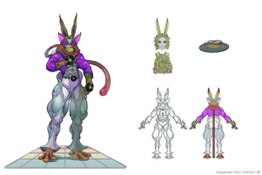 1boy, abs, animal_ears, artist_request, closed_mouth, colored_skin, concept_art, dancing_green, eheeya_(ff14), final_fantasy, final_fantasy_xiv, frog_boy, green_hair, grey_skin, grin, horizontal_pupils, jacket, looking_at_viewer, monster_boy, official_art, open_clothes, open_jacket, pants, purple_jacket, rabbit_ears, reference_sheet, simple_background, smile, solo, standing, tongue_scarf, v, viera, vinyl_record, white_background, white_pants