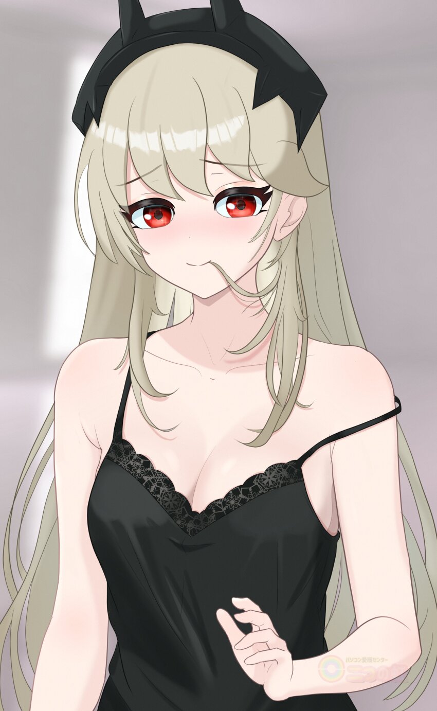 1girl, absurdres, black_hairband, black_tank_top, blonde_hair, breasts, closed_mouth, fortnite