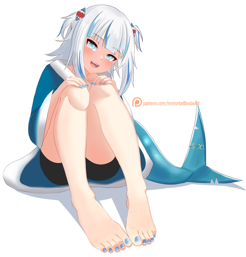 1girl, :d, absurdres, artist_name, bare_legs, barefoot, bike_shorts, black_shorts