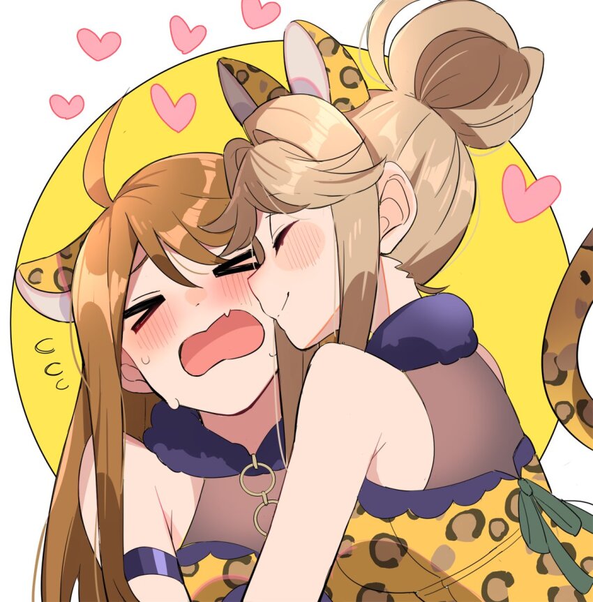 >_<, 2girls, ahoge, animal_ears, animal_print, armband, back_bow, bare_shoulders