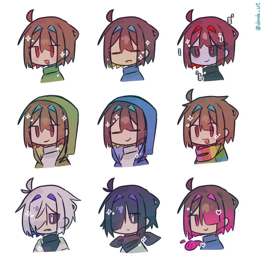 1girl, 2boys, 6+others, :3, :d, ahoge, akumu_(glitchtale), antenna_hair, bandana, bete_noire, black_bandana, black_sclera, black_sweater, blue_jacket, blue_sweater, bob_cut, brothers, brown_hair, chara_(undertale), chibi, chibi_only, closed_eyes, closed_mouth, colored_sclera, colored_skin, commentary_request, cropped_shoulders, dande_lion2604, frisk_(undertale), glitchtale, gradient_hair, green_jacket, green_sweater, grey_skin, hair_intakes, hair_over_one_eye, heart, highres, hood, hood_up, hooded_jacket, jacket, jitome, looking_ahead, multicolored_hair, multiple_boys, multiple_others, multiple_persona, no_pupils, one_eye_covered, open_clothes, open_jacket, open_mouth, pink_eyes, pink_hair, player_(underplayer), red_eyes, scarf, shirt, short_hair, siblings, simple_background, smile, sparkle, storyshift, storyswap, striped_clothes, striped_scarf, sweater, turtleneck, turtleneck_sweater, twitter_username, two-tone_hair, underplayer, undertale, utdr_(toby_fox), white_background, white_eyes, white_shirt, white_sweater, xtale