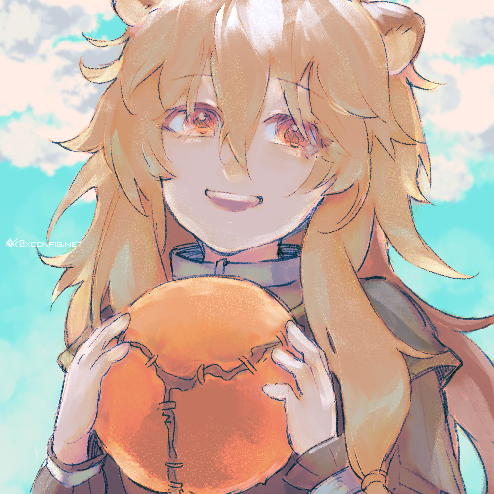 0xconfig, 1girl, :d, artist_name, ball, black_dress, blue_sky, brown_hair, child, cloud, cloudy_sky, commentary_request, dress, grey_dress, hair_between_eyes, hair_tubes, hands_up, holding, holding_ball, layered_dress, long_hair, long_sleeves, looking_at_viewer, messy_hair, metal_hair_tubes, metal_wrist_cuffs, open_mouth, outdoors, portrait, raphtalia, red_eyes, short_sleeves, sky, smile, solo, tate_no_yuusha_no_nariagari, teeth, upper_teeth_only