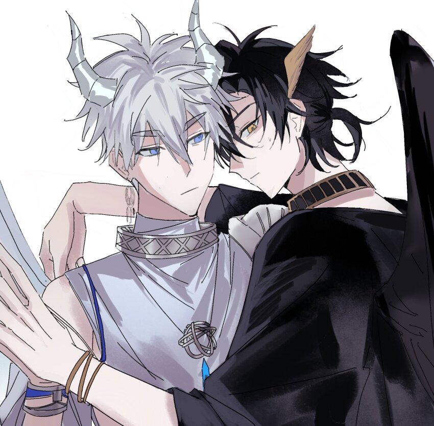 2boys, ancient_greek_clothes, angel, angel_wings, armlet, bishounen, black_cape, black_hair
