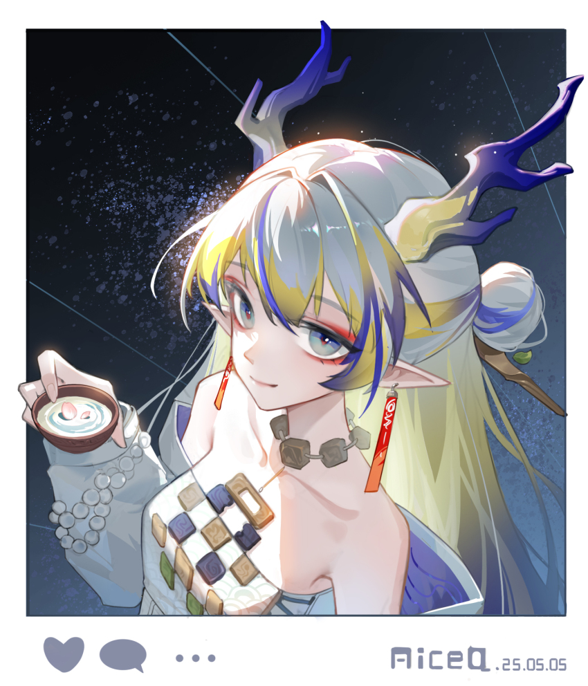 1girl, aiceq_(qianchen1999), arknights, artist_name, bare_shoulders, bead_necklace, beads, blue_hair