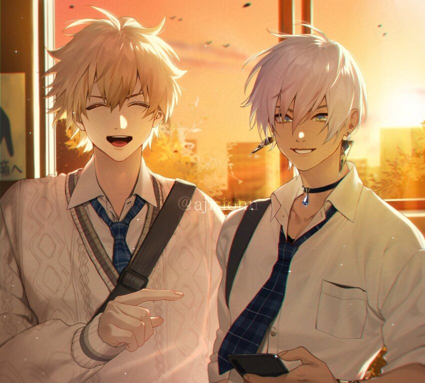 2boys, :d, ^_^, artist_name, black_choker, blonde_hair, blue_eyes, blue_gem