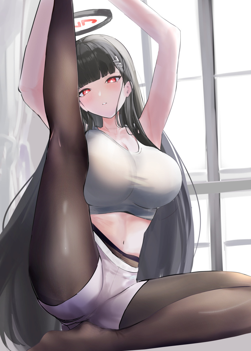 1girl, absurdres, alternate_costume, aramocyaillust, armpits, black_pantyhose, blue_archive, blunt_bangs, blush, breasts, cleavage, highres, holding_own_leg, leg_up, long_hair, looking_at_viewer, navel, no_shoes, pantyhose, parted_lips, red_eyes, rio_(blue_archive), short_shorts, shorts, sidelocks, sitting, solo, stomach, tank_top, white_shorts, white_tank_top