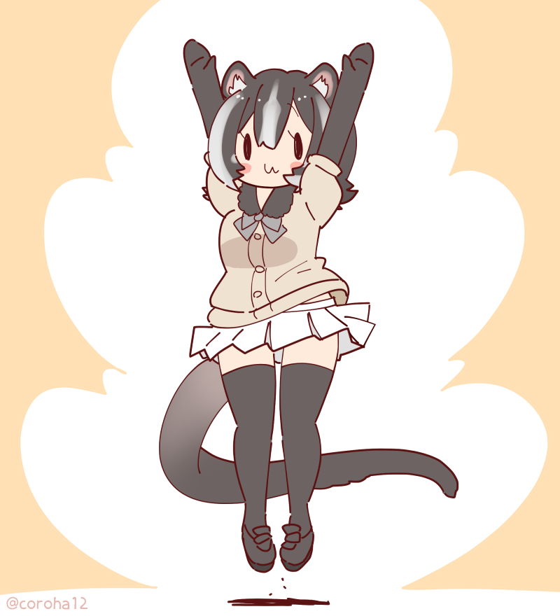 1girl, animal_ears, arms_up, black_eyes, black_hair, bow, bowtie, brown_background