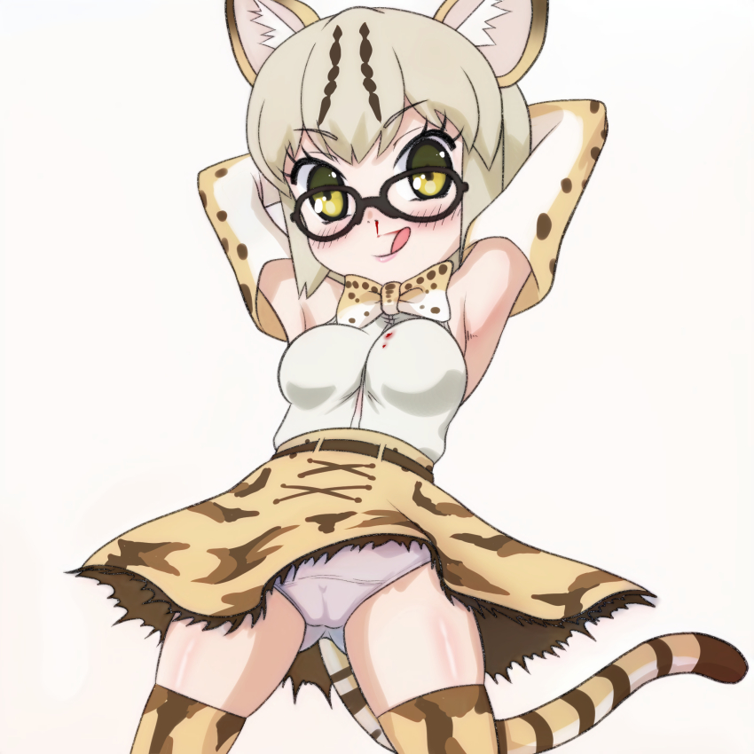1girl, animal_ears, animal_print, arms_behind_head, arms_up, belt, blood, blush