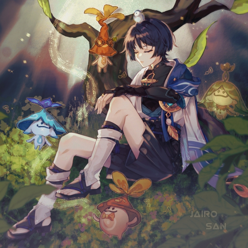 1boy, anemo_symbol_(genshin_impact), animal, animal_on_head, arama_(genshin_impact), aranara_(genshin_impact), arapandu_(genshin_impact), ararycan_(genshin_impact)