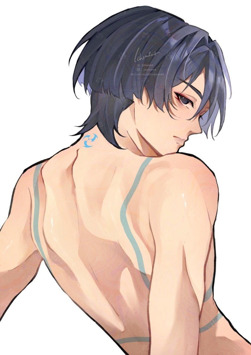 1boy, arms_behind_back, bare_shoulders, birthmark, black_eyes, black_hair, blunt_ends, body_markings