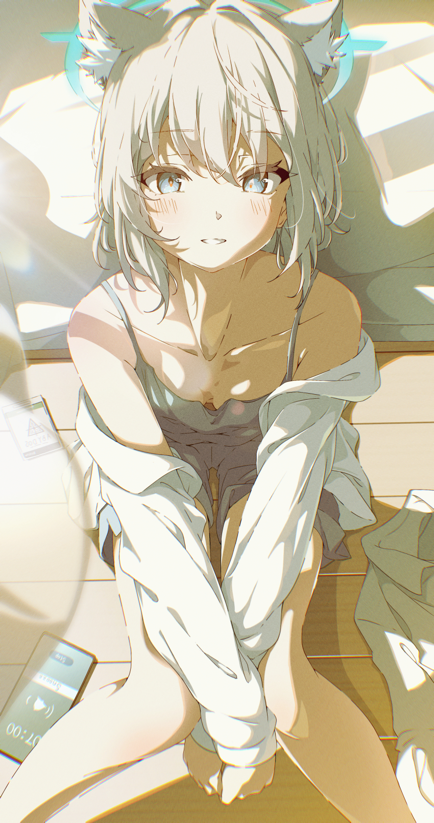 1girl, absurdres, animal_ear_fluff, animal_ears, bare_shoulders, blue_archive, blue_camisole, blue_eyes