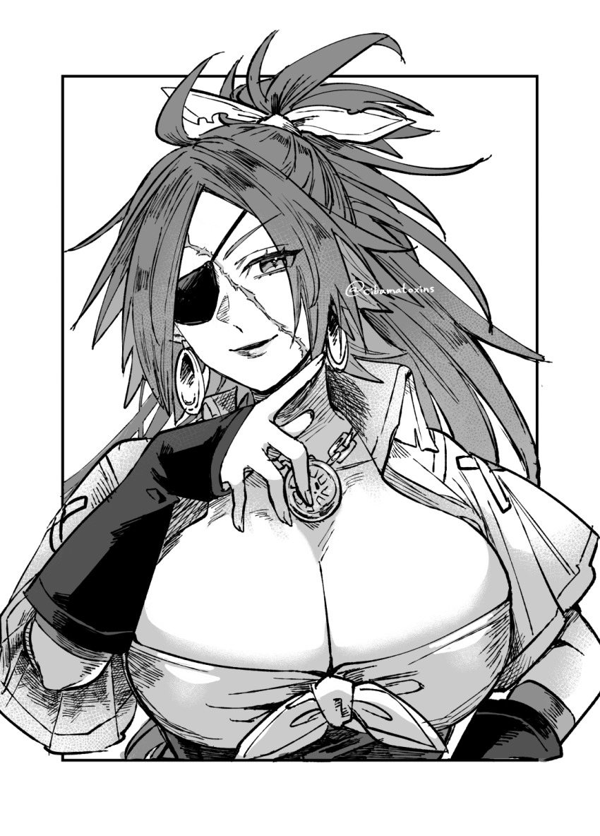 1girl, breasts, cibamatoxins, cleavage, commentary_request, detached_sleeves, earrings, eyepatch