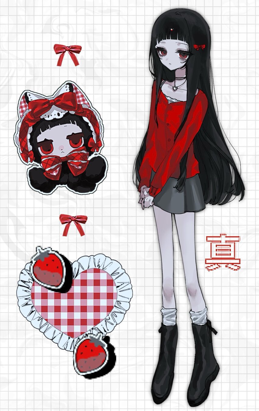 1girl, black_boots, black_hair, boots, chibi, closed_mouth, collarbone, flat_chest, full_body, grey_skirt, hani_anaga, highres, hime_cut, jewelry, long_hair, looking_at_viewer, necklace, original, red_eyes, red_ribbon, red_shirt, ribbon, shirt, skirt, solo