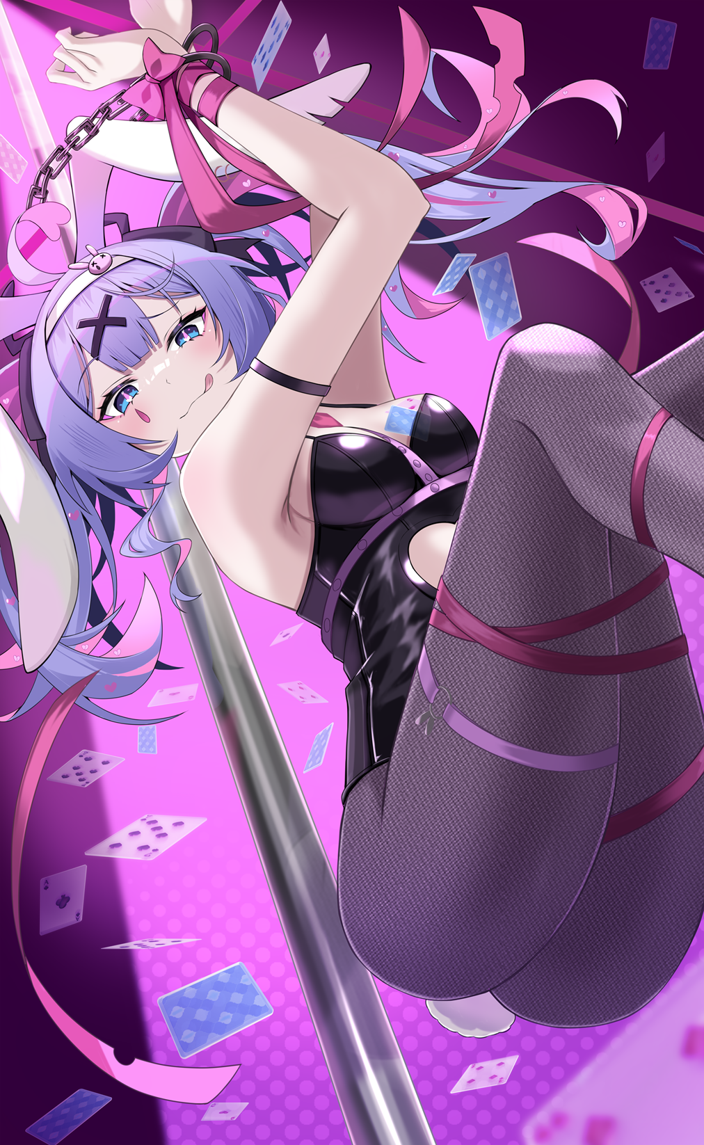 1girl, animal_ears, aqua_eyes, aqua_hair, arms_up, between_breasts, black_leotard, blush