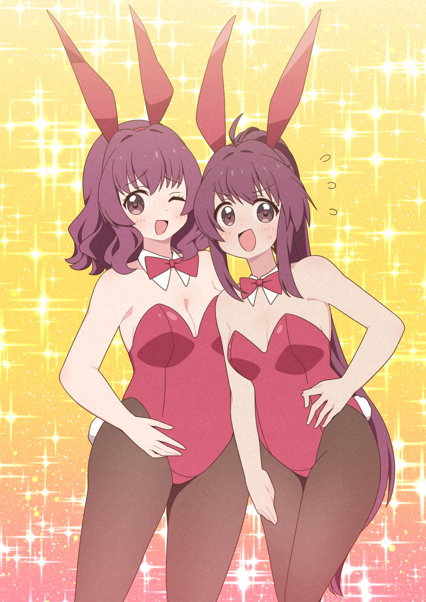 2girls, absurdres, animal_ears, blush, bow, bowtie, breasts, brown_eyes