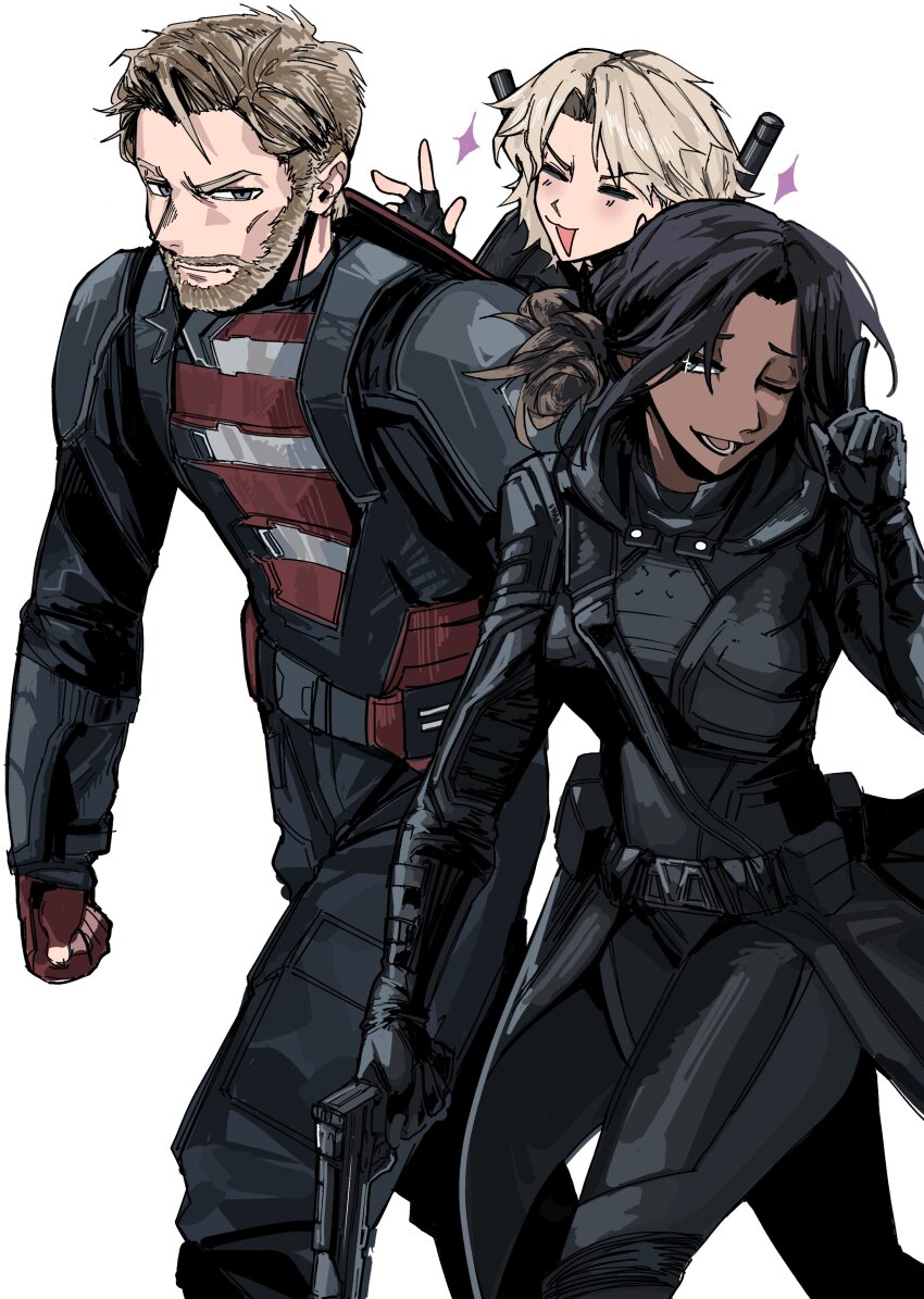 2girls, absurdres, american_flag, american_flag_print, beard, black_hair, blonde_hair, dark-skinned_female, dark_skin, facial_hair, flag_print, ghost_(marvel), gun, heartbreak_juan, highres, john_walker, marvel, multiple_girls, mustache, sparkle, sparkling_eyes, star_(symbol), tactical_clothes, thunderbolts_(movie), weapon, yelena_belova