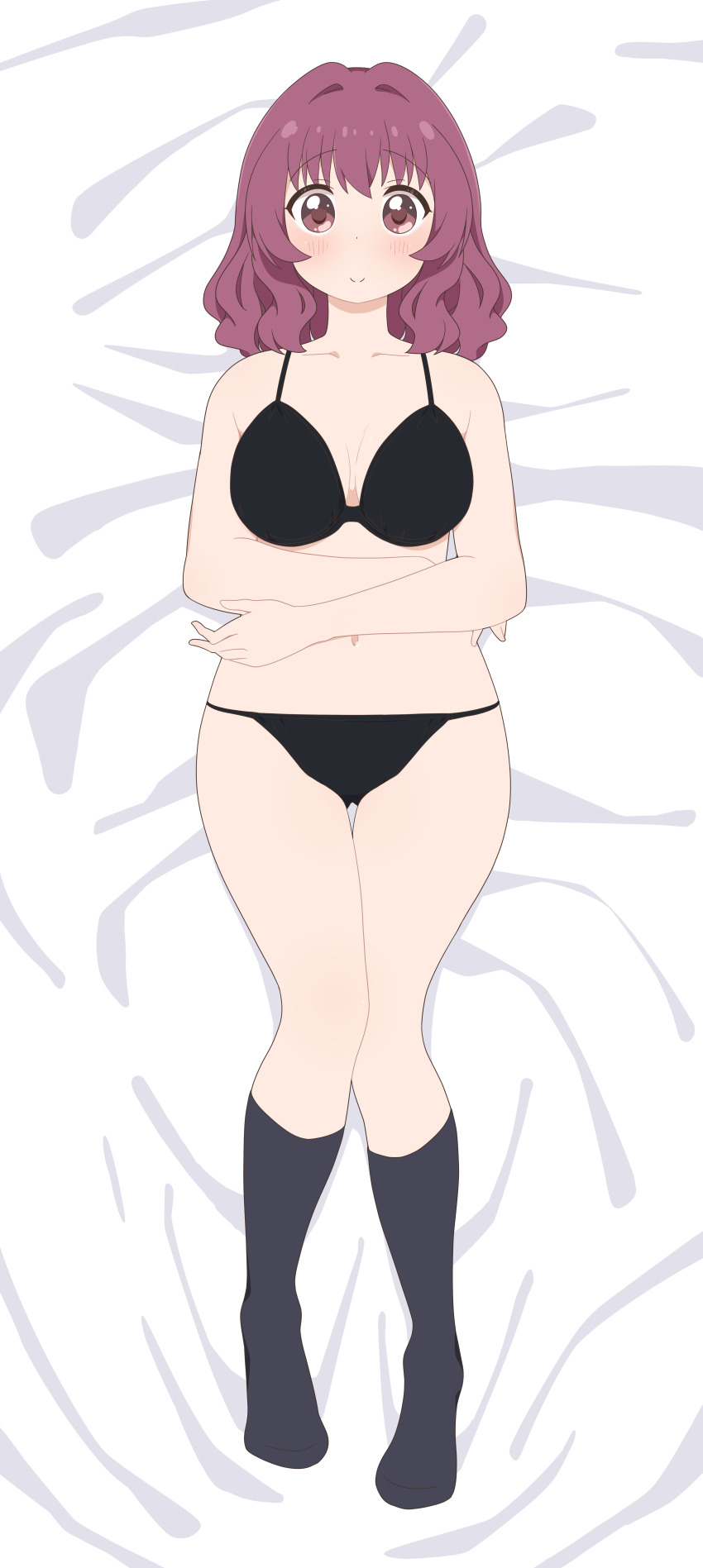 1girl, absurdres, black_bra, black_panties, black_socks, blush, bra, breasts